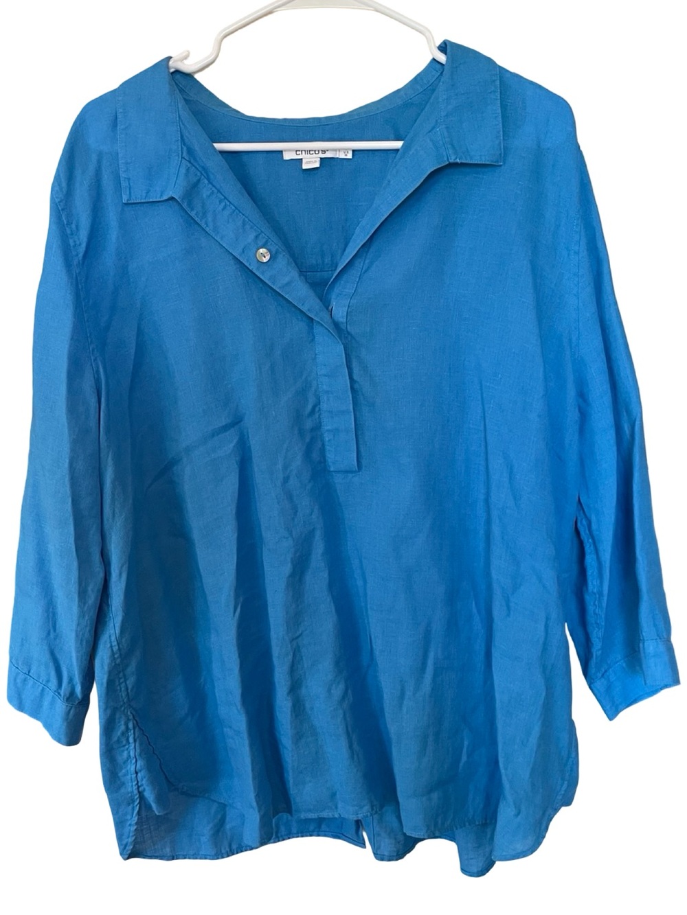 Chico’s Blue 100% Linen Popover Tunic Blouse Size 3 XL